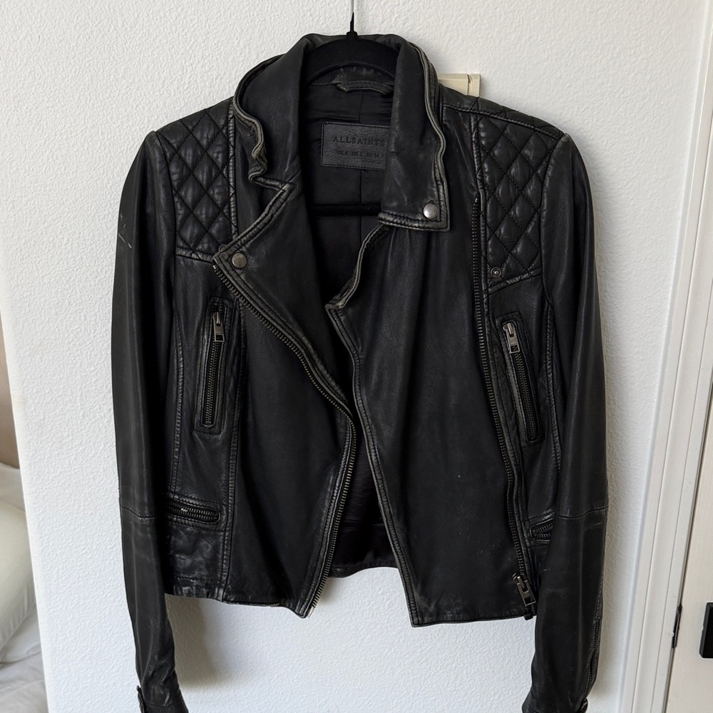 All Saints Quilted Black Leather Jacket